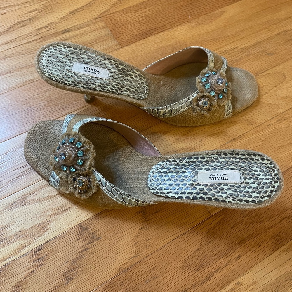 Prada Women's Textured Brown and Cream Heels